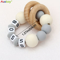 Personalized Wooden Teether Ring with Silicone Beads