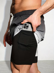 Men's Double Layer Sports Shorts with Zipper Pocket