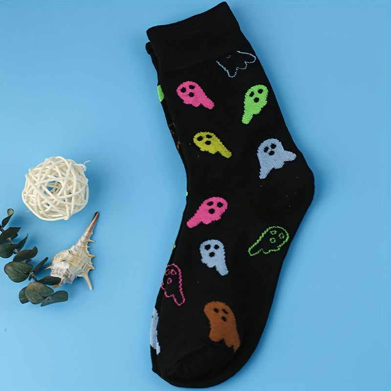 Cartoon Ghost Print Socks Comfy & Crew Women's Stockings & Hosiery