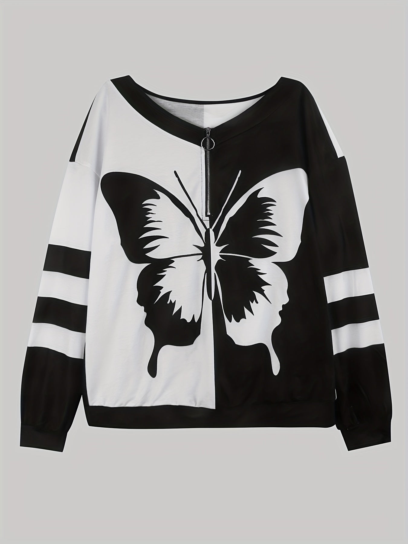 Butterfly Print Quarter Zip Pullover Sweatshirt for Spring & Fall