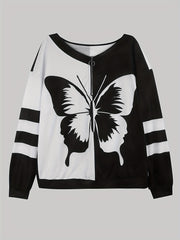 Butterfly Print Quarter Zip Pullover Sweatshirt for Spring & Fall