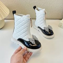 Kids' Geometric Pattern Bow Wedge Ankle Boots
