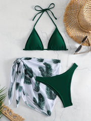 Feather Print Bikini Set Halter Neck Tie Back High Cut Cover Up Wrap Swimsuit