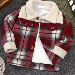 Boys Plaid Long Sleeve Fleece Jacket Zip Up Stand Collar Spring Fall