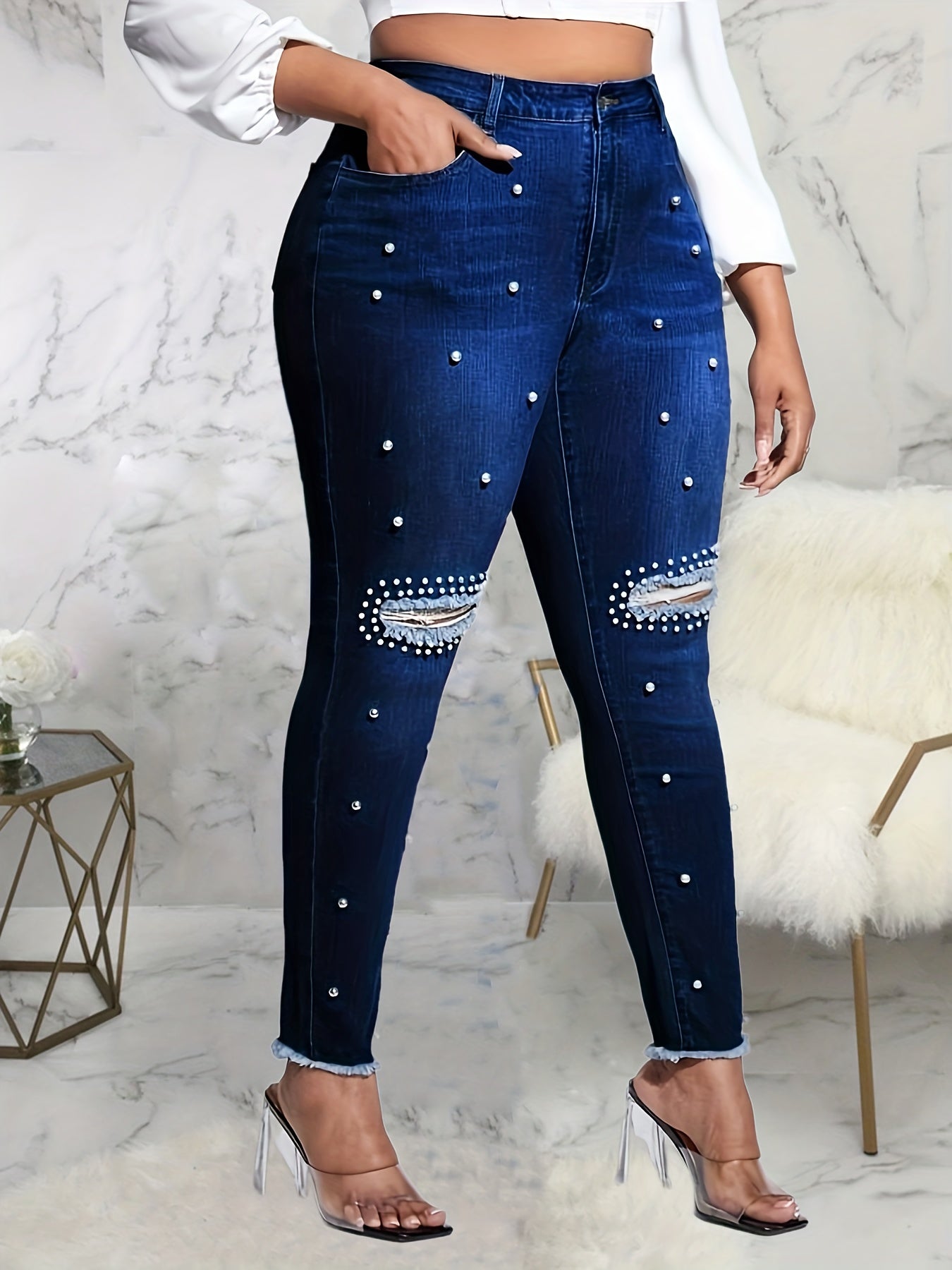 Pearl Decor Ripped Fringe Skinny Jeans