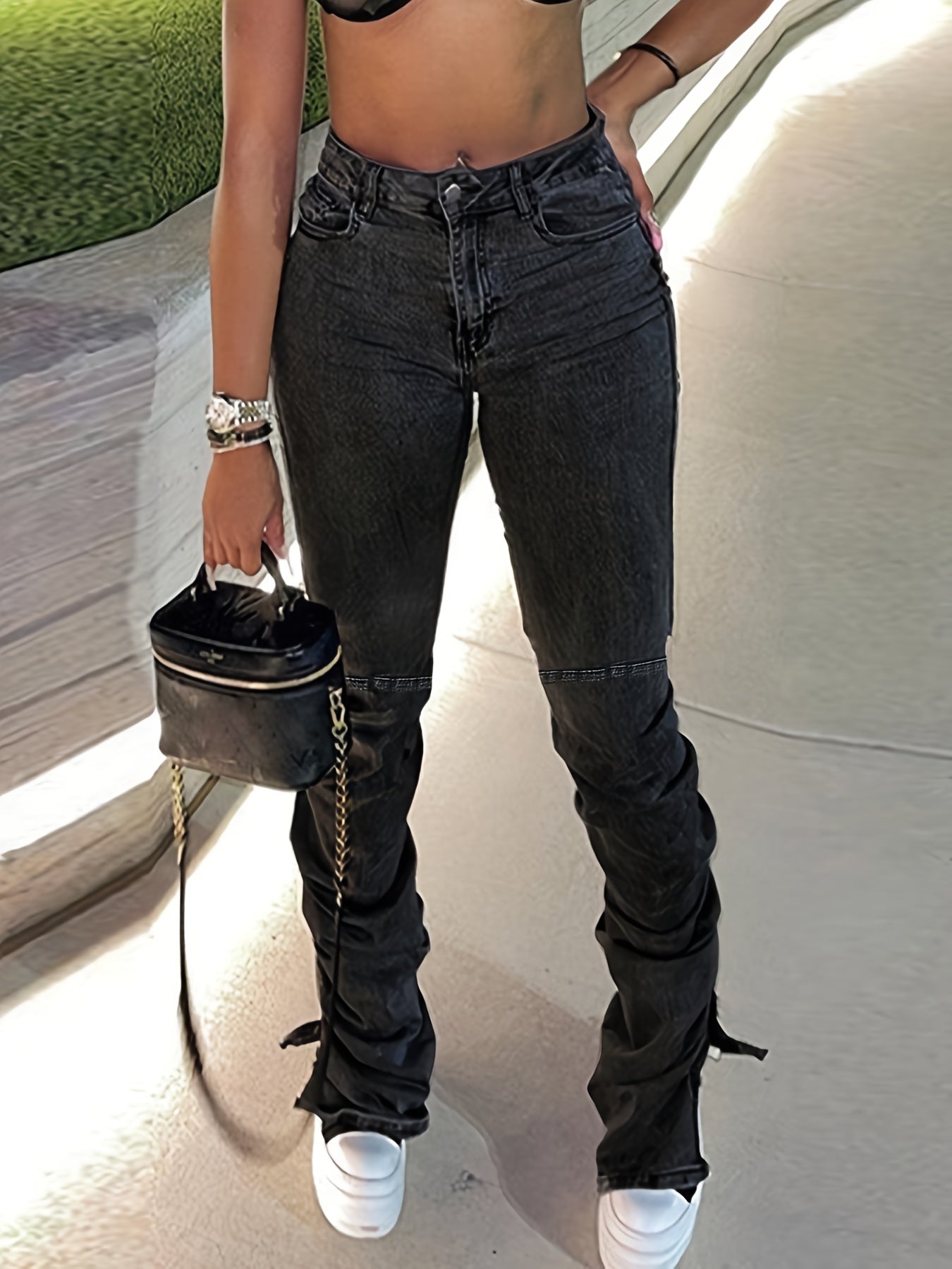 Dark Grey High Waist Straight Jeans Loose Fit High Rise Denim Pant