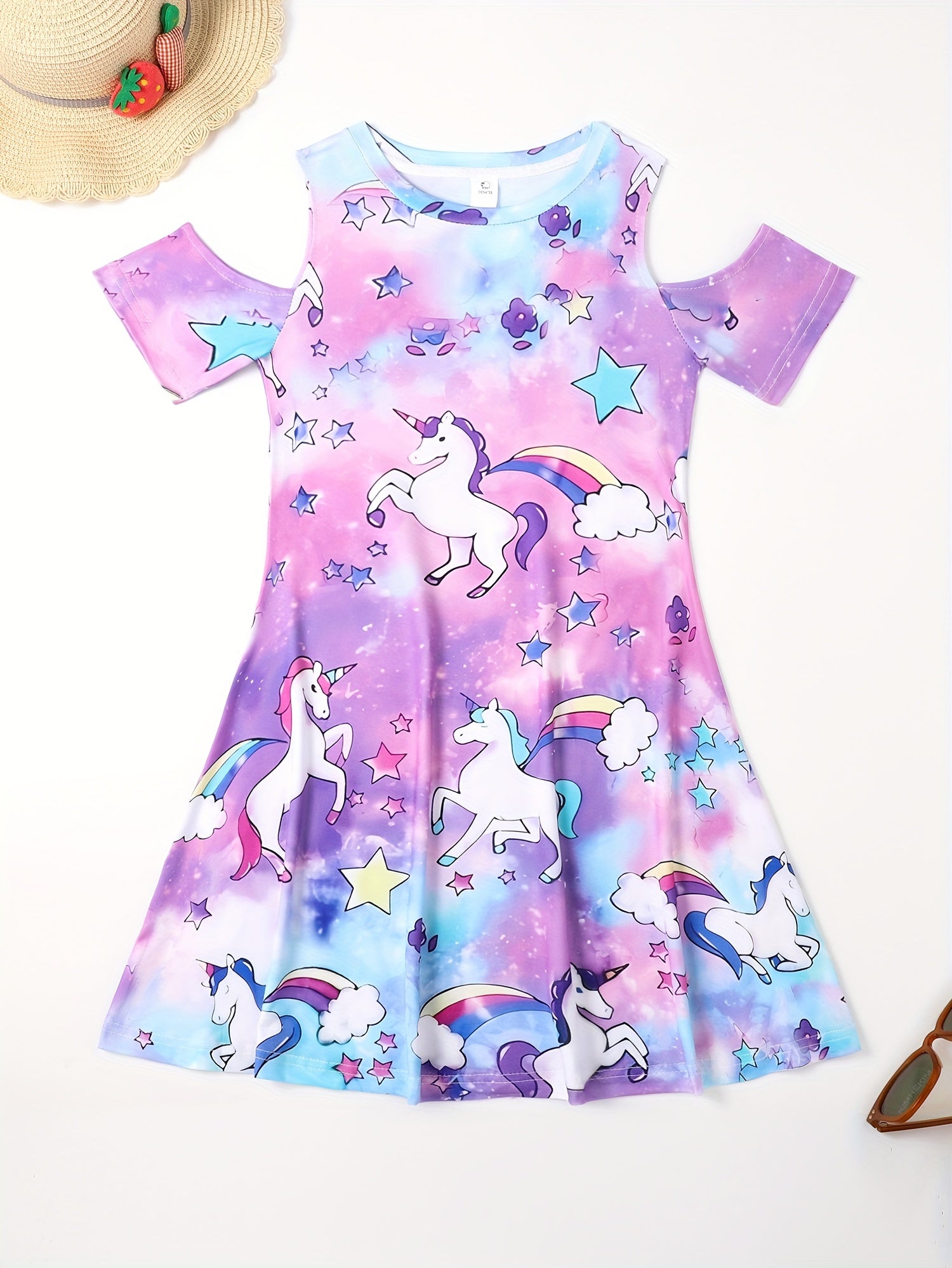 Girls Rainbow Unicorn & Star Print Cold Shoulder Dress