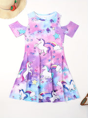 Girls Rainbow Unicorn & Star Print Cold Shoulder Dress
