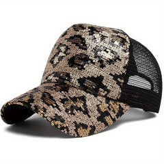 Sequins Leopard Trucker Hat Hip Hop Baseball Cap Mesh Adjustable Dad Hats