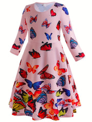Girls Butterfly Graphic Long Sleeve Dress Spring Fall Party
