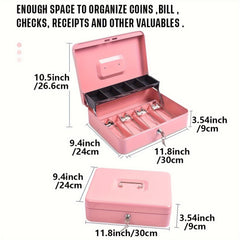 Portable Vault Cash Box with Money Tray and Lock Large Steel Money Box Pink