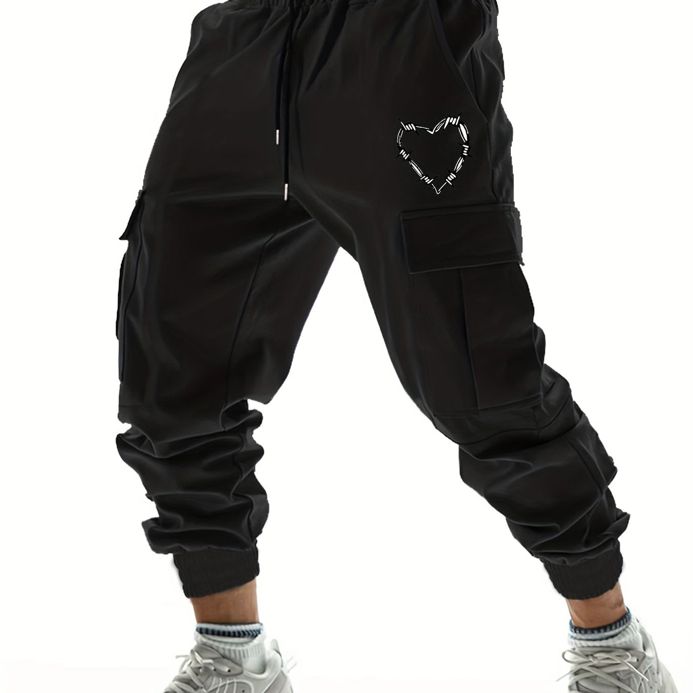 Heart Pattern Side Pockets Drawstring Joggers Men's Cargo Pants