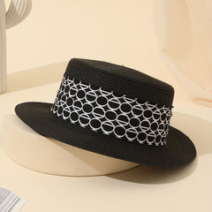 Straw Jazz Sun Hat Women Wide Strap Decor British Style Flat Top Fedora Cap