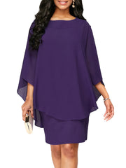 Solid Round Neck 3 4 Sleeve Cape Midi Dress Women's Plus