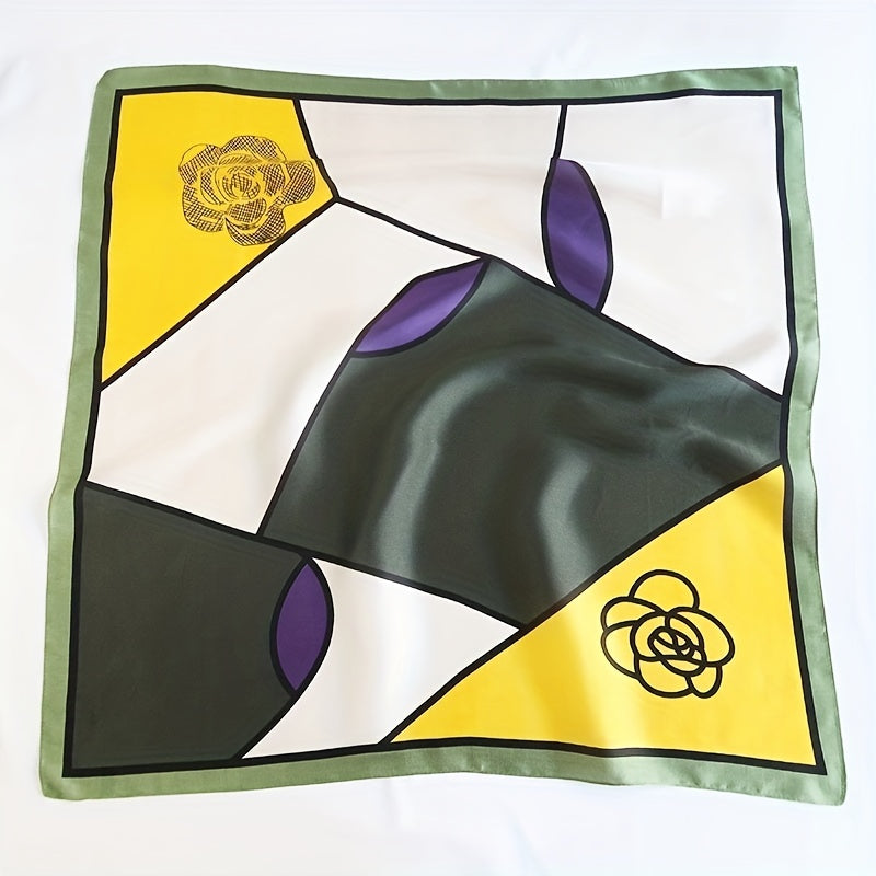 Flower Print Square Scarf Block Neckerchief Silk Bandana Head Wrap