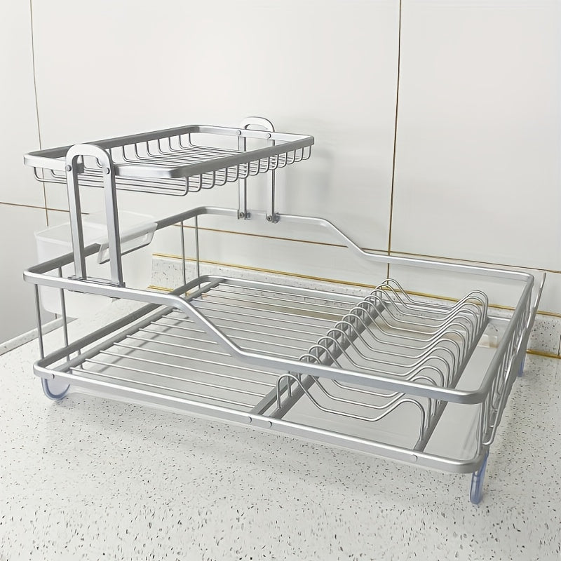 2-Tier Aluminum Dish Drying Rack with Utensil Holder