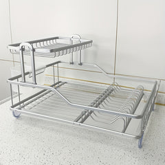 2-Tier Aluminum Dish Drying Rack with Utensil Holder