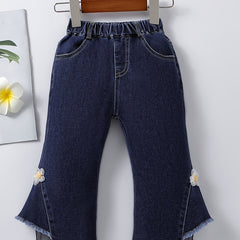 Girls Winter Flared Denim Jeans with Flower and Elastic Waist