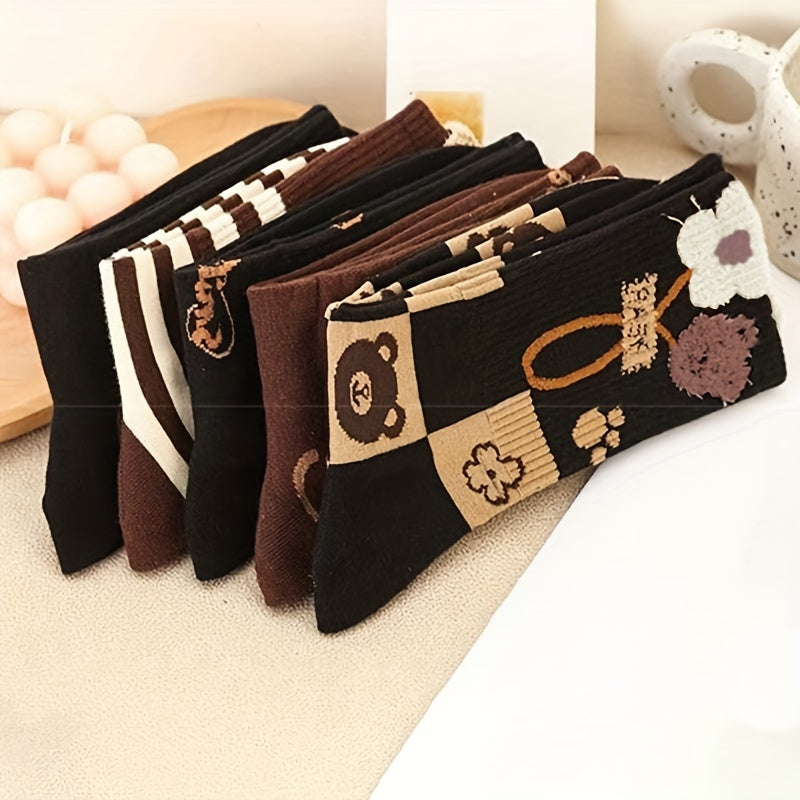 5 Pairs Bear & Smiling Print Socks Comfy & Mid Tube Socks Women's Stockings
