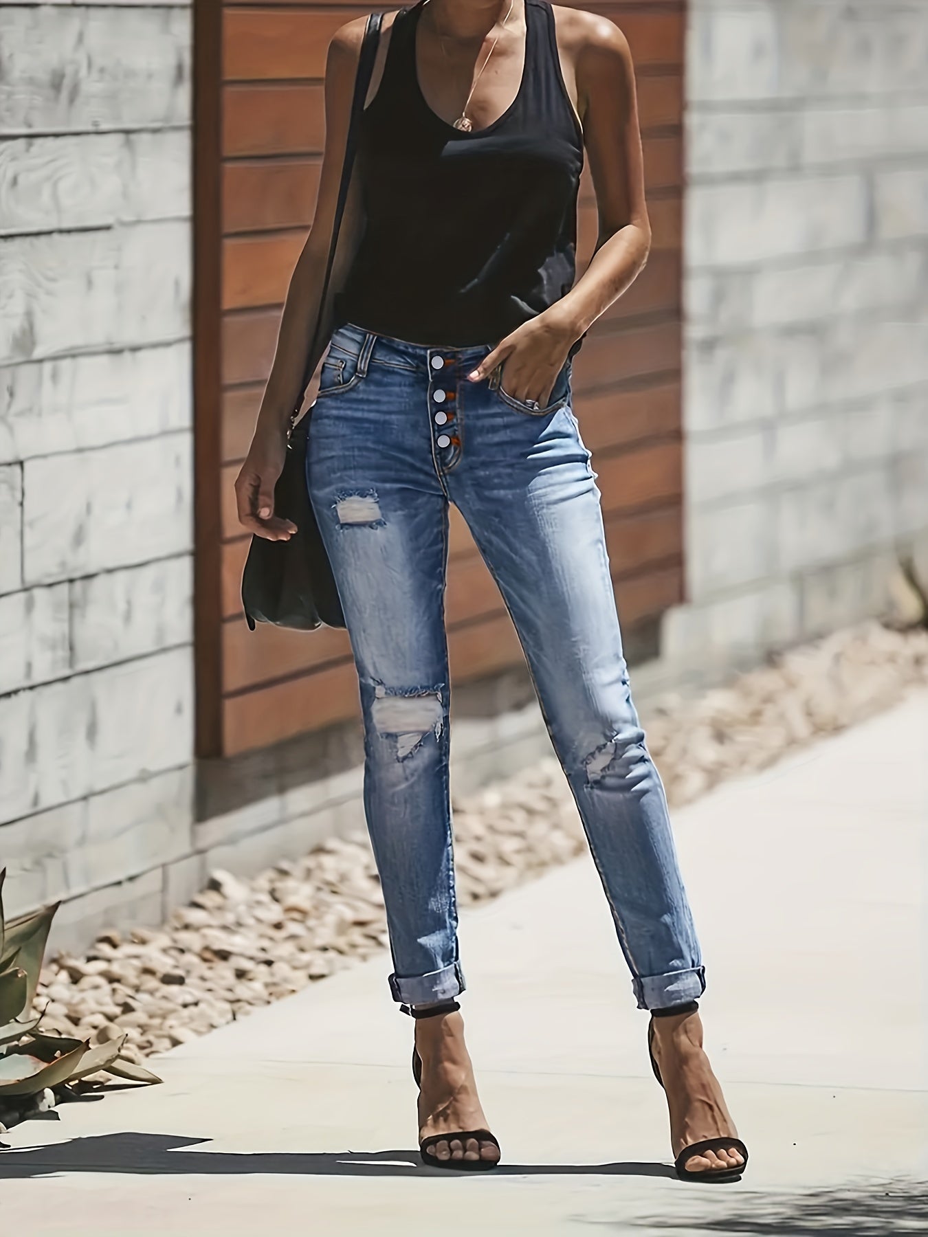 Slim Fit Ripped Denim Jeans Single Breasted High Stretch Casual Pants
