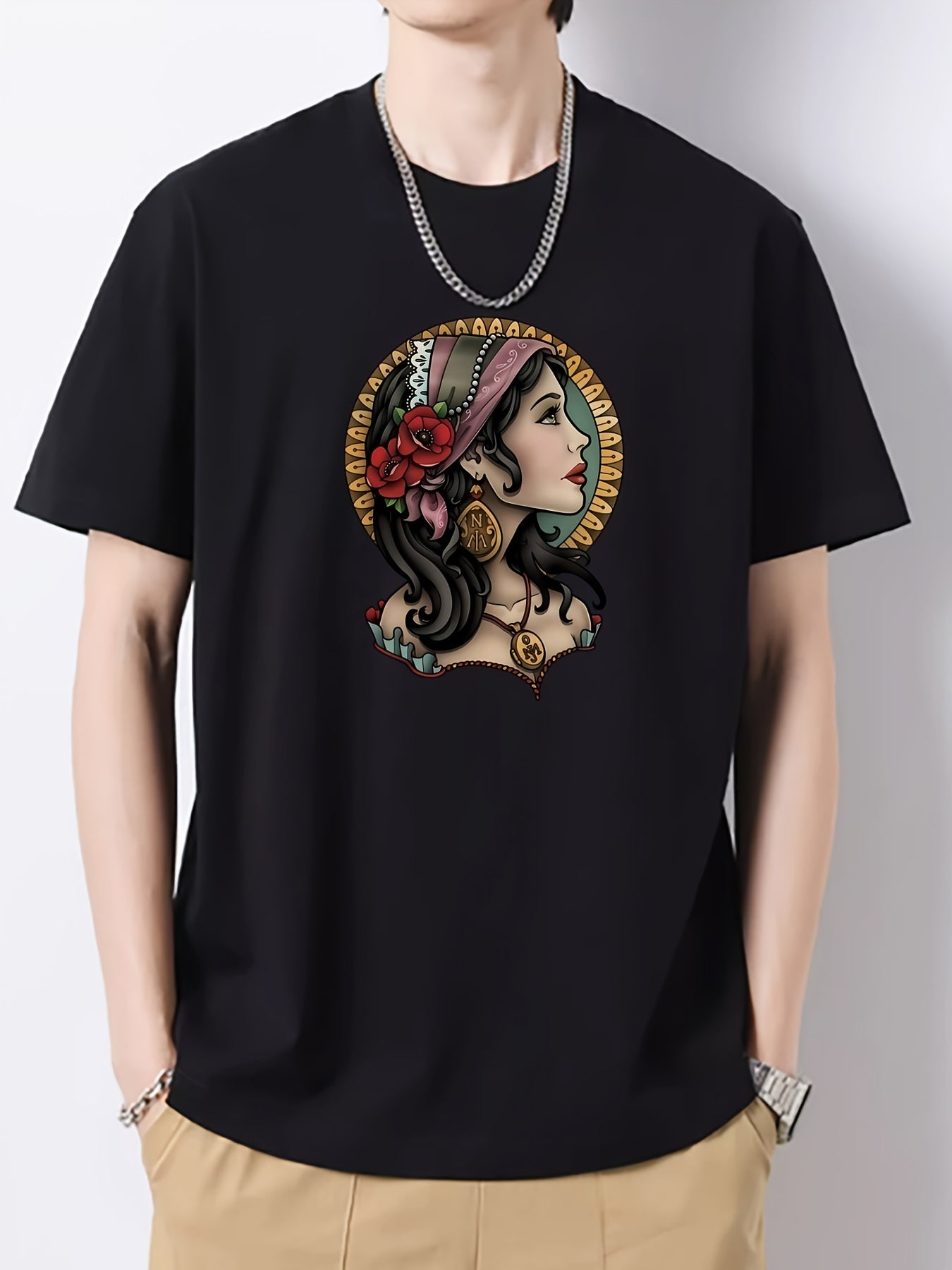 Illustration Pattern Print Men's Graphic Cotton Crew Neck Active T shirt