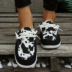 Women's Cow Pattern Patchwork Boat Shoes Lace Up Slip On Canvas Shoes
