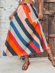 Striped Pleated Maxi Skirt Vintage Elastic Waist Skirt