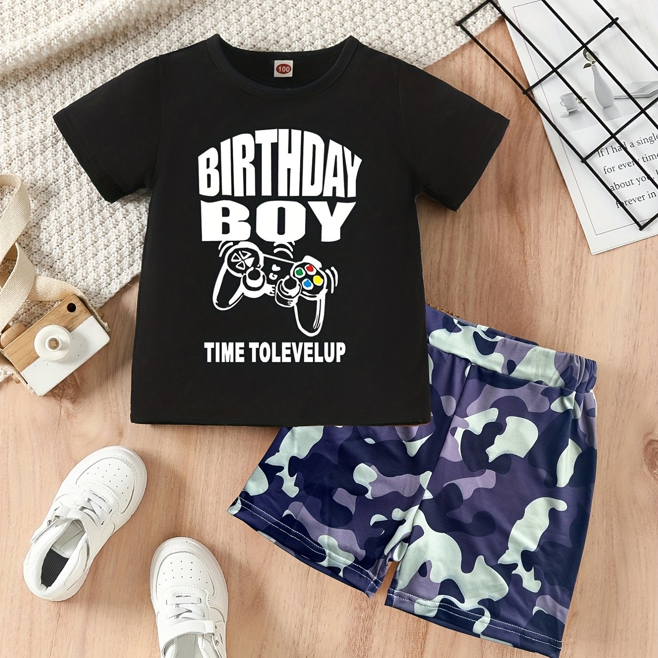 Boys Birthday Graphic T shirt & Camo Shorts Set Toddler Summer Clothes