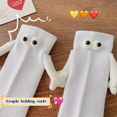 2 Pairs Hand In Hand & Cartoon Eyes Decor Socks Women's Stockings