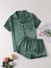 Striped Satin Pajamas Set Short Sleeve Top & Shorts