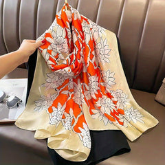 Flower Print Satin Scarf Silk Long Shawl Windproof Head Wraps