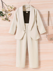 Girls 3pcs Blazer & Camisole & Pants Set Solid Long Sleeve Coat Top Kids Clothes
