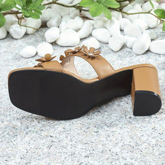 Floral Square Toe High Heel Sandals Two Bands Slip On