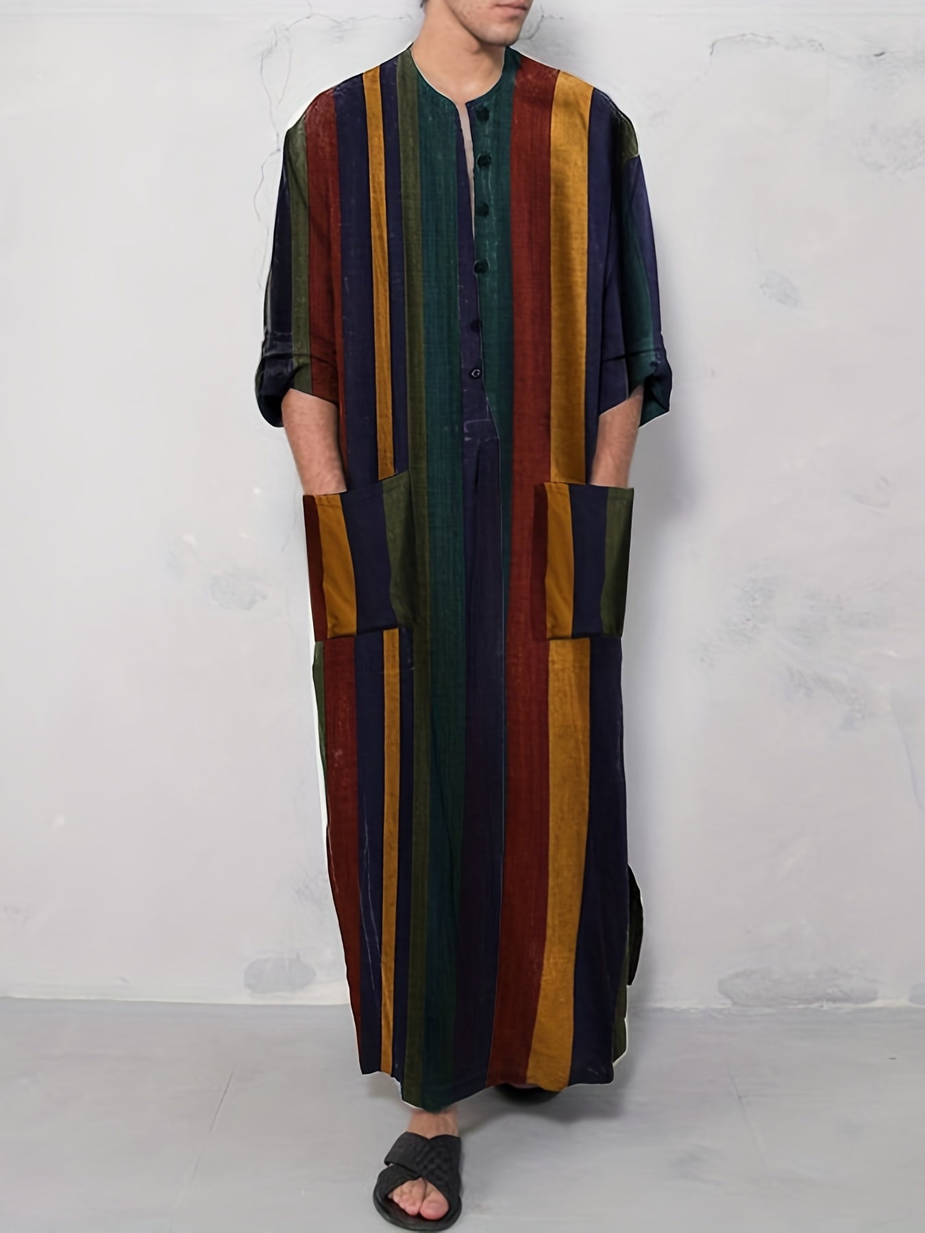 INCERUN Men's Striped Kaftan Robe Islamic Style Jubba Thobe