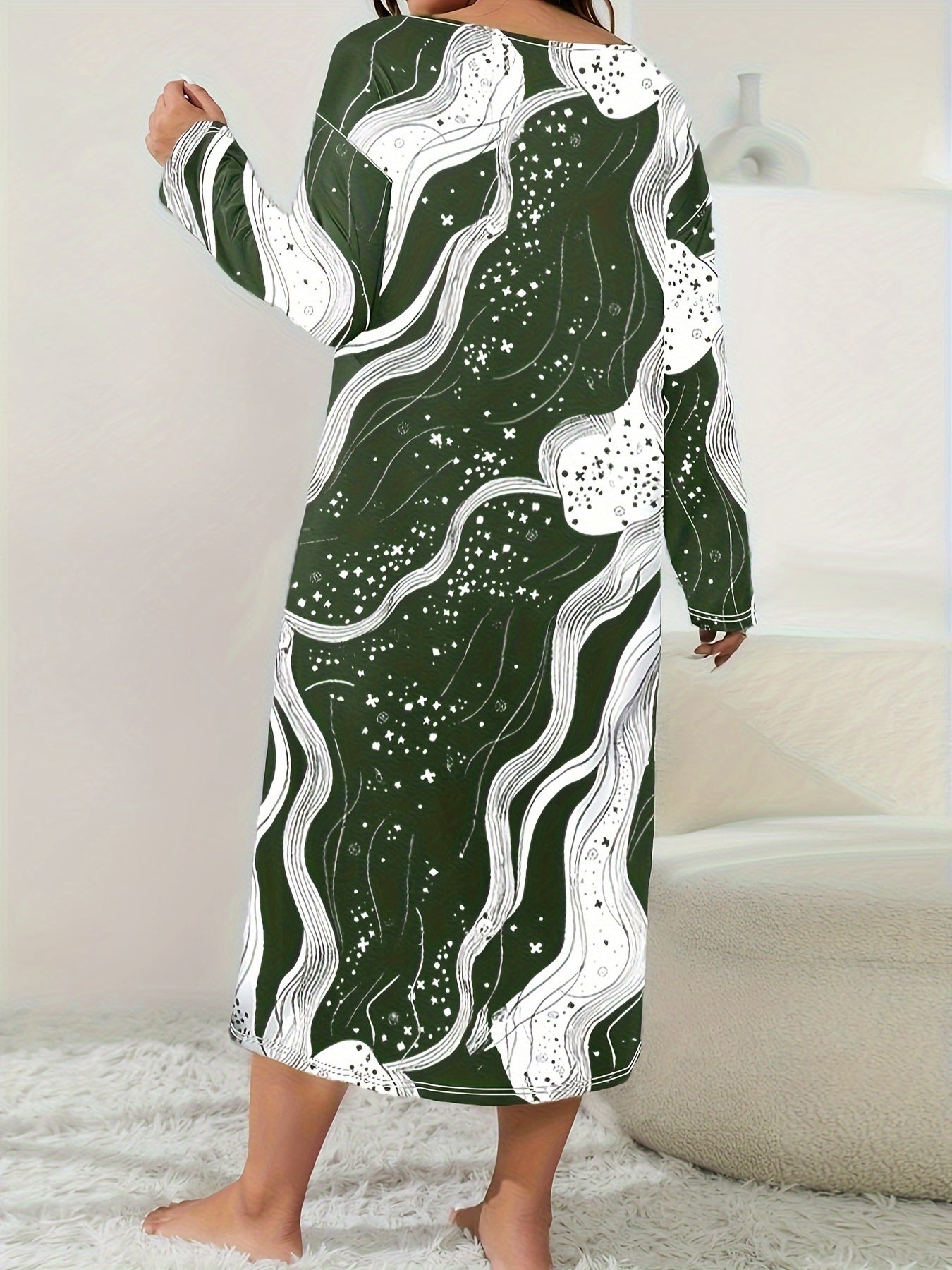 Lounge Dress Women's Plus Random Print Long Sleeve Crew Neck Sleep Dre