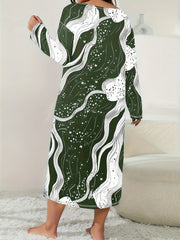 Lounge Dress Women's Plus Random Print Long Sleeve Crew Neck Sleep Dre