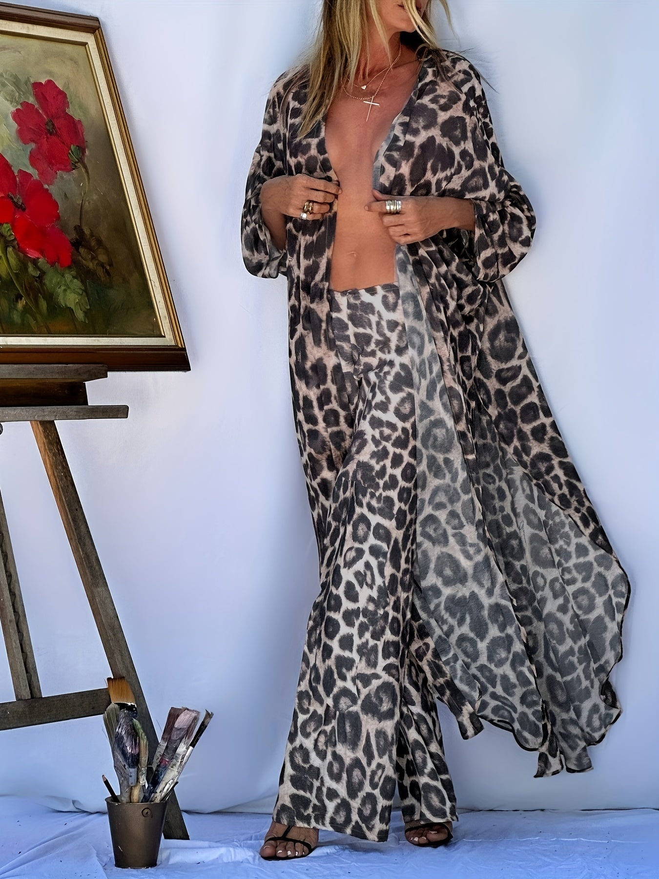 Sailboat Print 2 Piece Beachwear Vacation Style Kaftan Cover Up