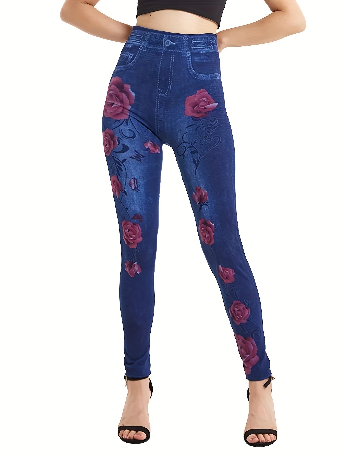 Denim Print High Waist Jeggings Slim Stretchy Casual Leggings Women