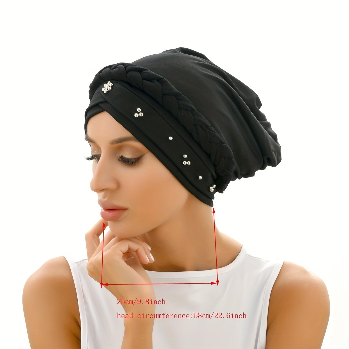 Classic Beads Decor Turban Cap Solid Elastic Head Wrap Pre-tied Head Scarf