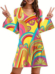 Floral Print Flared Sleeve Dress Hippie V neck Dress For Spring & Summer