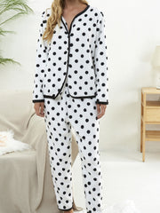 Polka Dot Pajama Set Long Sleeve Top & Elastic Waistband Pants Women's Sleepwear