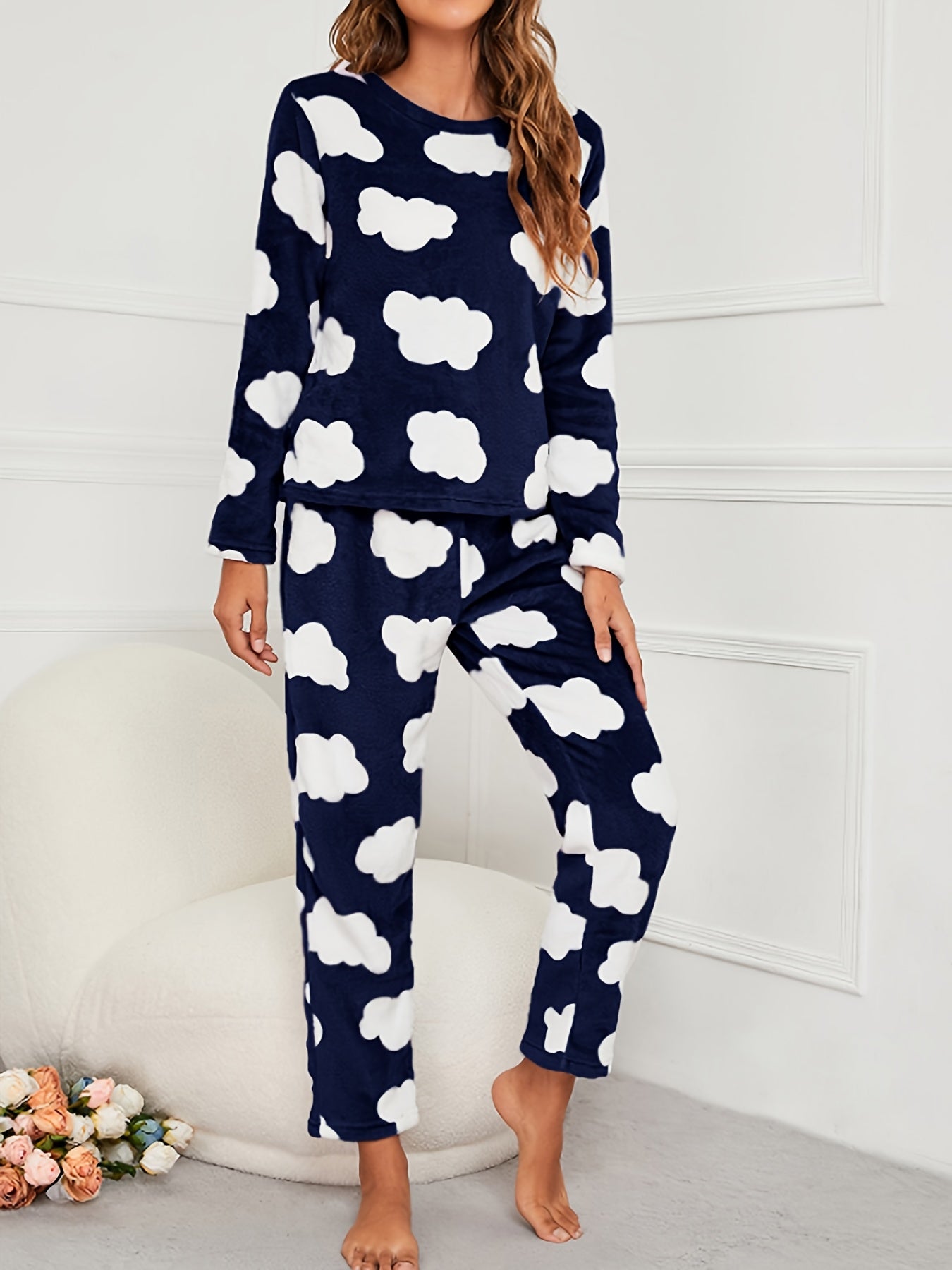 Cloud Print Fuzzy Pajama Set Long Sleeve Crew Neck Top & Elastic Waistband Pants