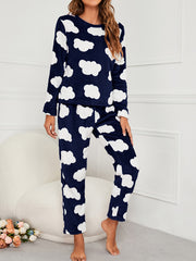 Cloud Print Fuzzy Pajama Set Long Sleeve Crew Neck Top & Elastic Waistband Pants