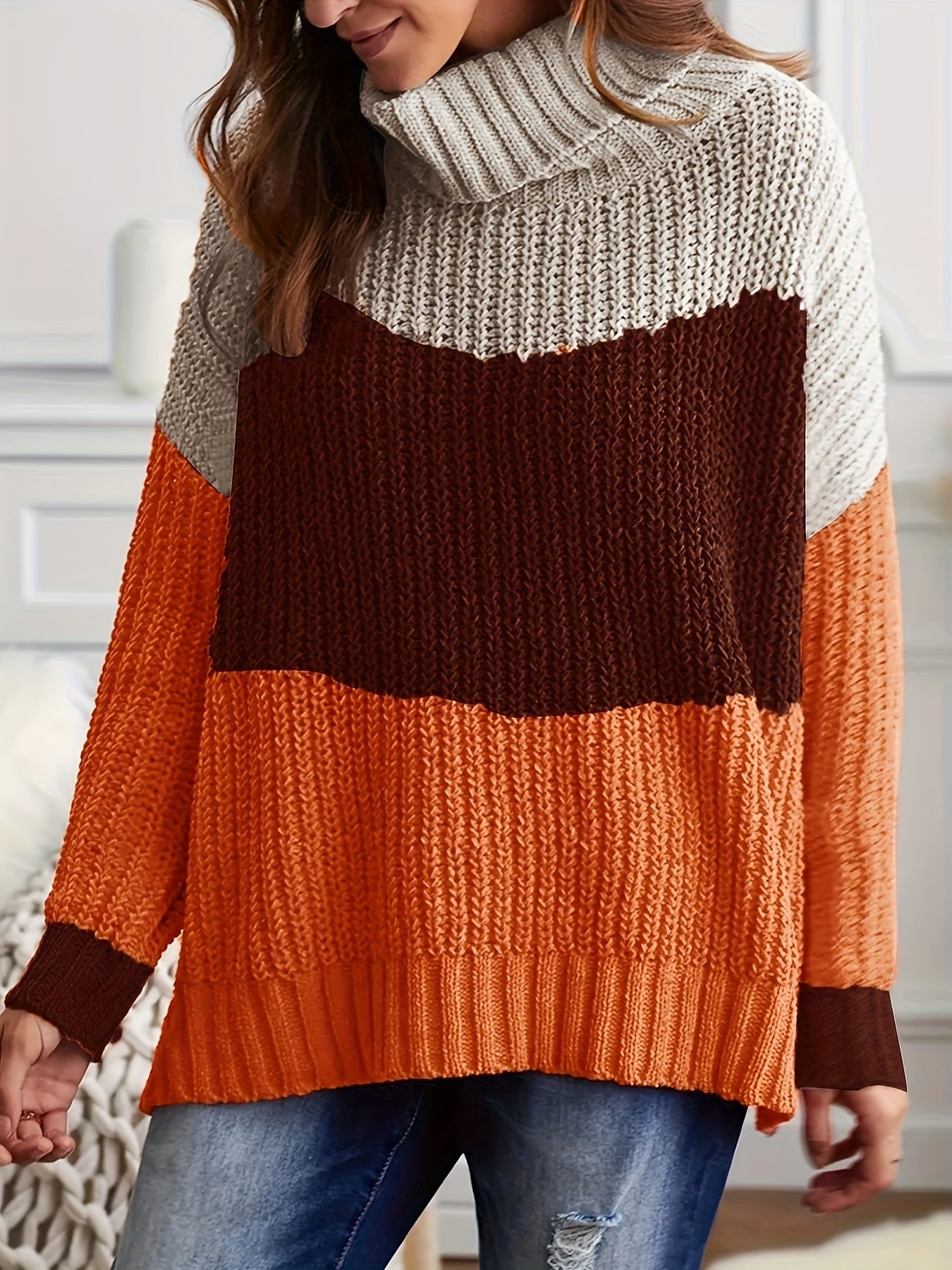 Colorblock Chunky Knit Top - High Neck Long Sleeve