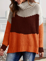 Colorblock Chunky Knit Top - High Neck Long Sleeve