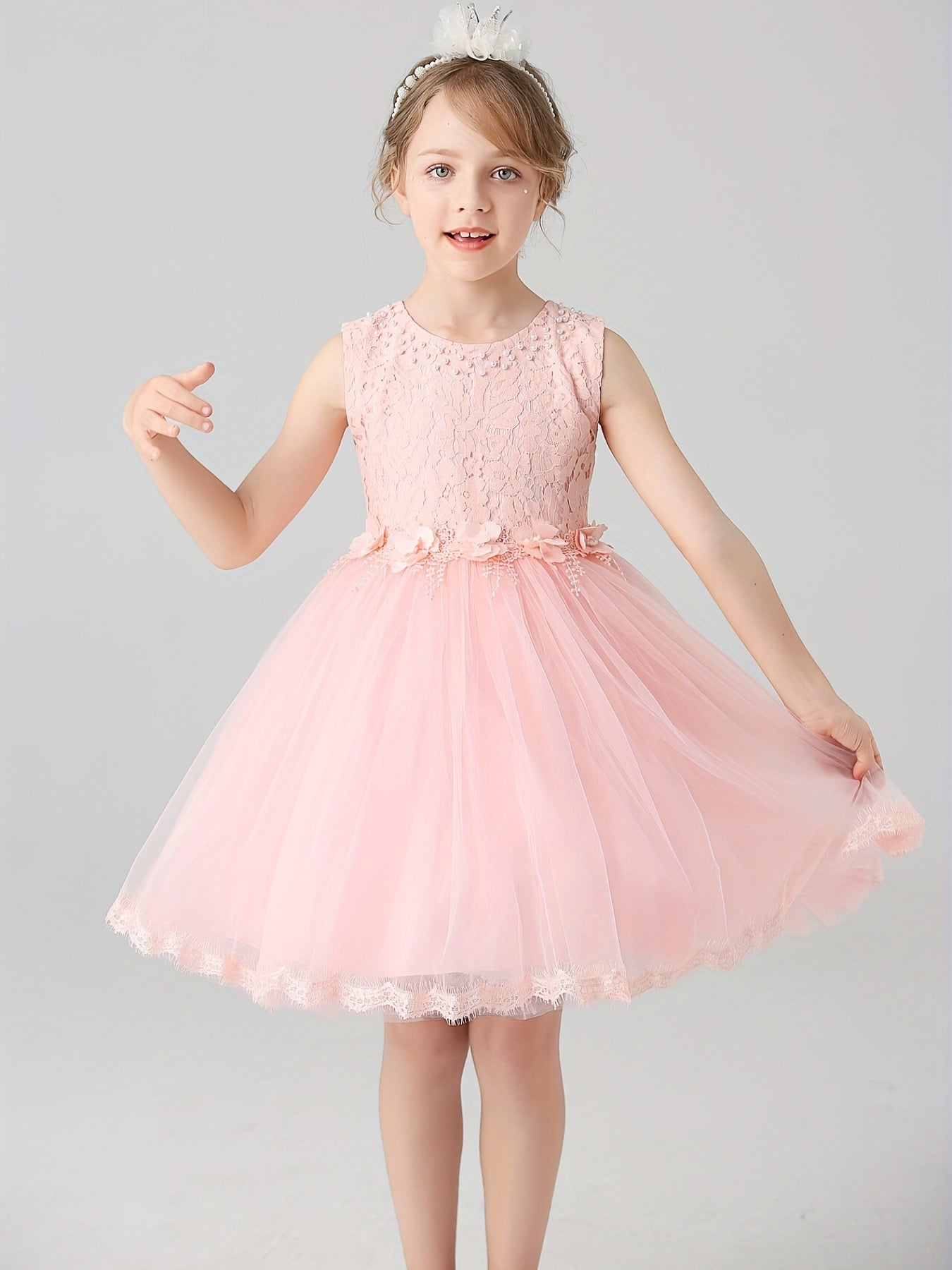 Girls Sleeveless Tutu Dress Beads Flower Appliques Party Birthday Princess Dress
