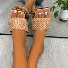 Women's Braided Flat Slides Solid Square Open Toe Non Slip Slides Shoes