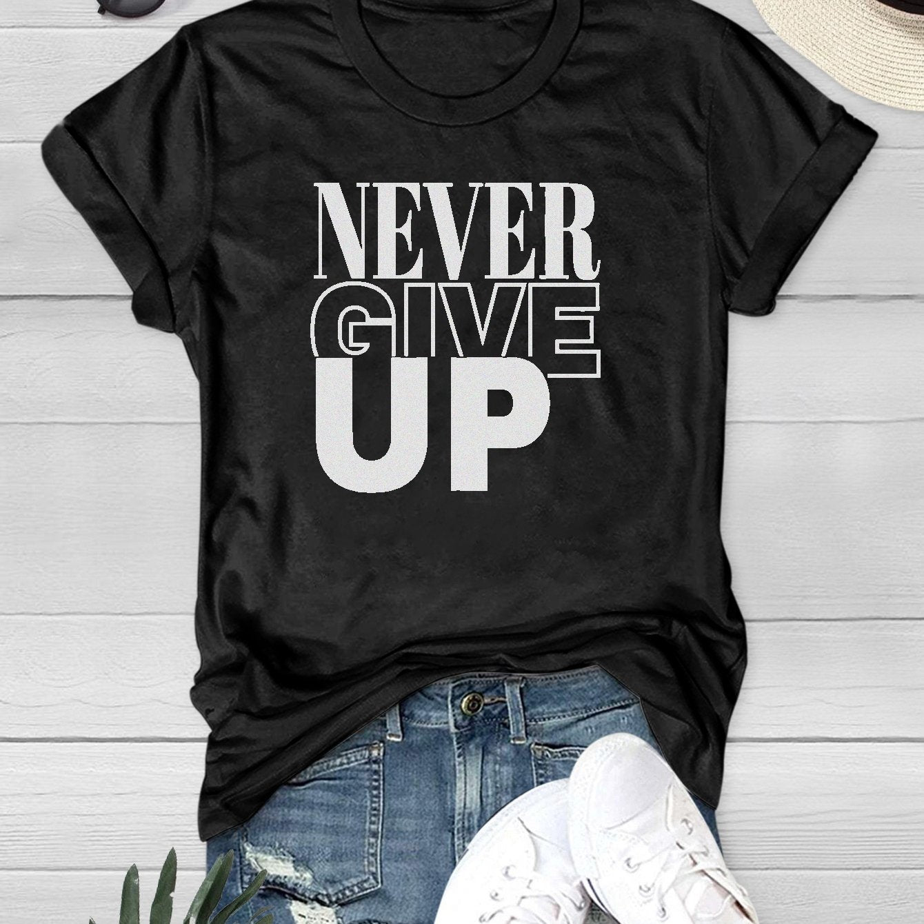 Never Give Up Letter Graphic Casual T-shirts Short Sleeve Round Neck
