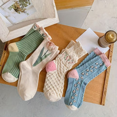 4 Pairs Floral Socks Set Women Flower Ankle Lucky Socks