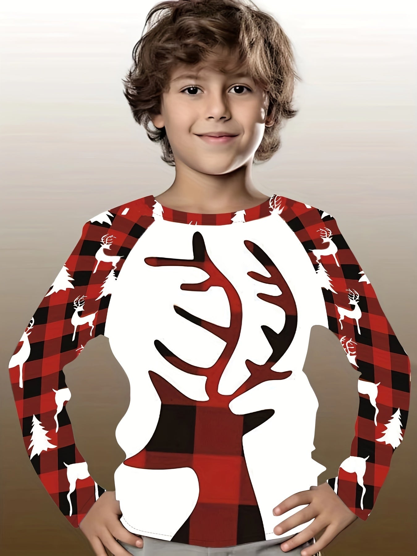 Christmas Reindeer Print Boys T-Shirt Long Sleeve Holiday Tee